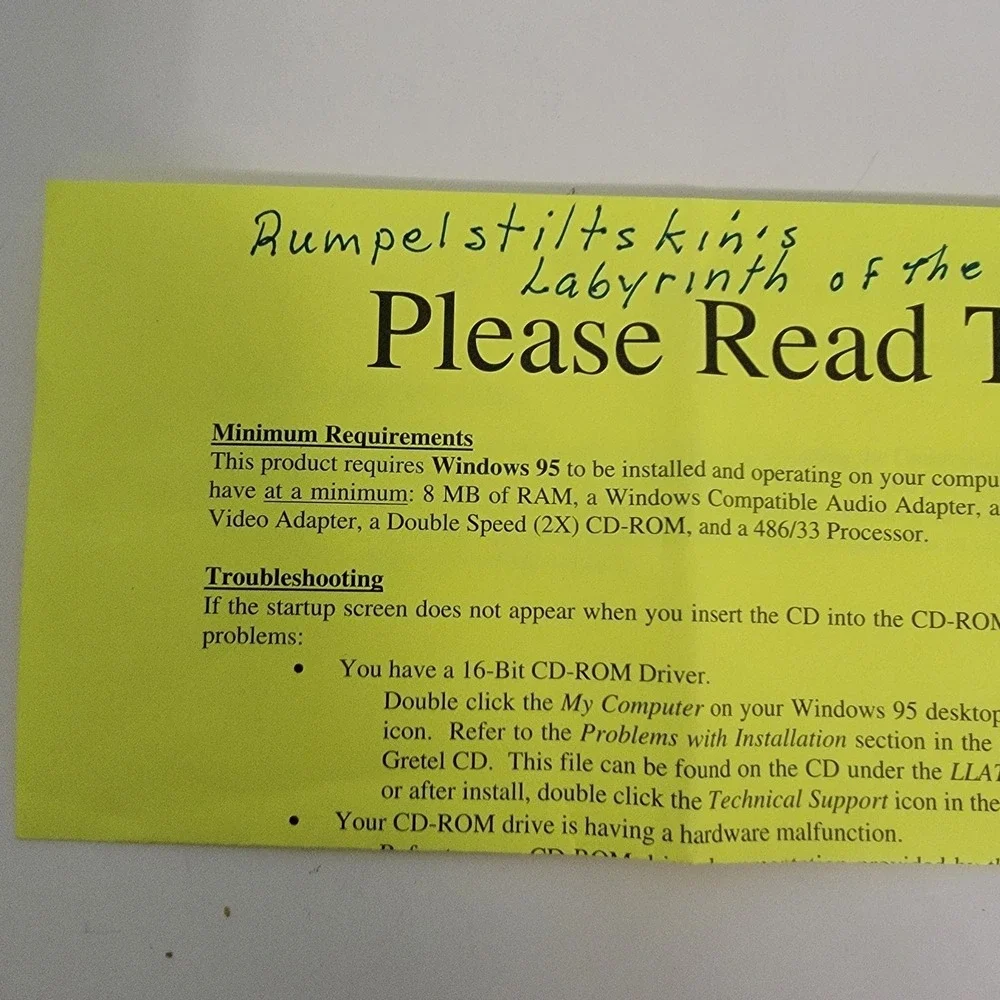 Rumpelstiltskins‎ Labyrinth Of The Lost PC CD Rom Terraglyph 1995